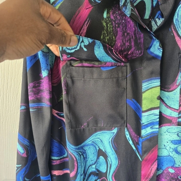 Inc International Satin Shirt Dress XS Women Button Up Pockets Colorful No Belt - Picture 7 of 14